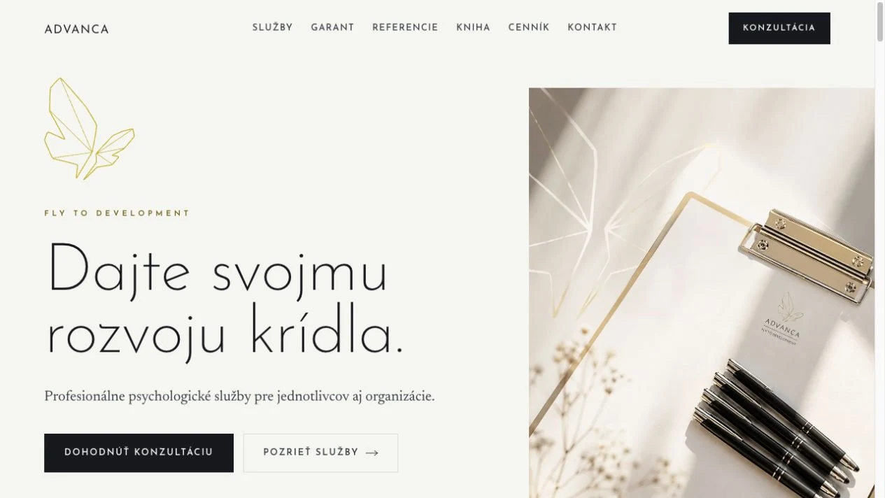 ADVANCA home page with its gold symbol and introductory headline