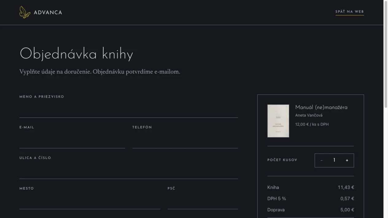 ADVANCA custom book order form and order summary
