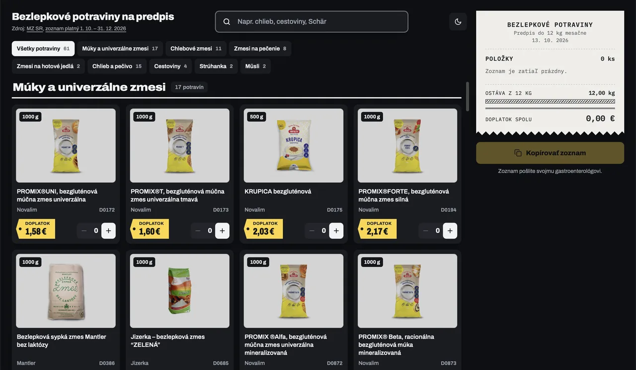 Gluten-free food catalogue with co-payment price tags and a receipt for the doctor in dark mode