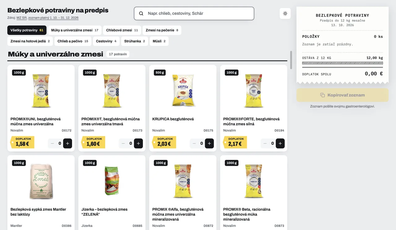 Gluten-free food catalogue with co-payment price tags and a receipt for the doctor in light mode