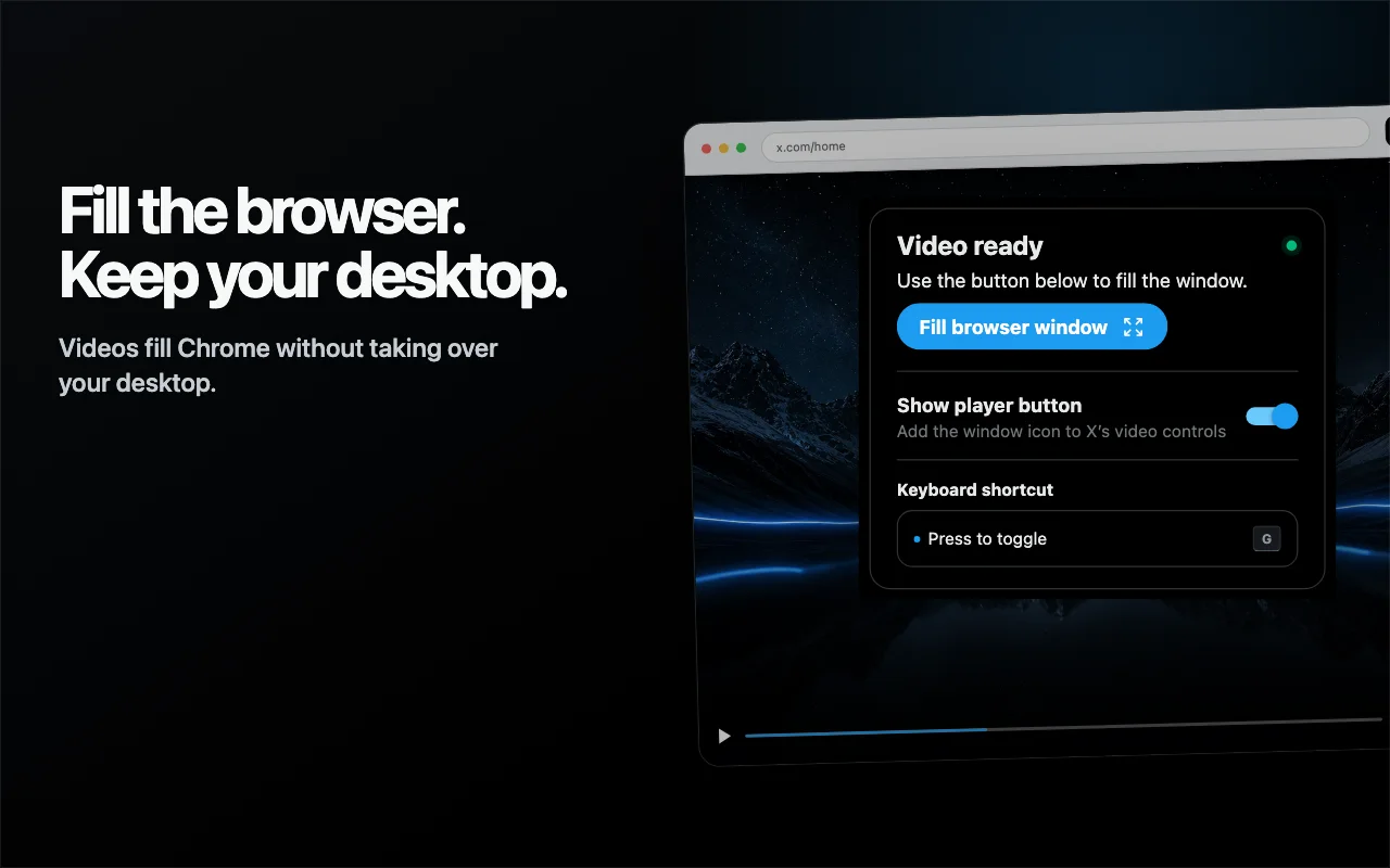 X video filling the browser window with the extension popup open